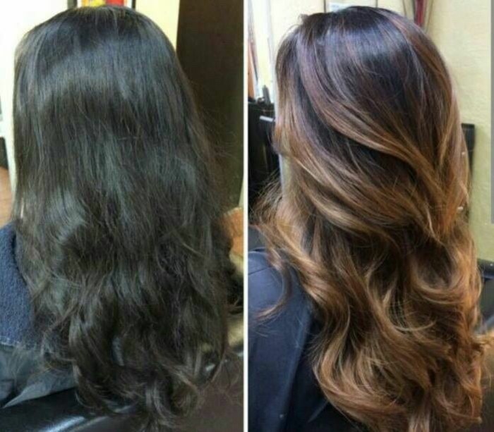black frizzy and wavy hair, seen from the back, next image shows, dyed brown hair with blonde highlights, styled in loose curls, before and after