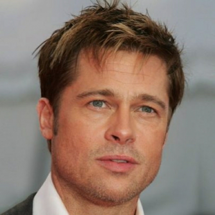 messy short haircut, on brunette hair, with blonde highlights, worn by brad pitt, seen in close up
