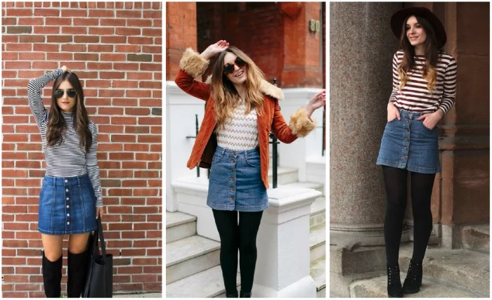 three images of a young woman, wearing a button up denim skirt, with different striped tops, over-the-knee socks and black thights, 80s costumes you can wear today