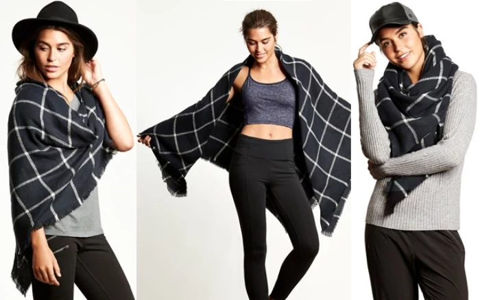 brunette young woman seen in three images, dressed in different sports attire in each photo, and wearing the same black and white scarf, styled in different ways, ways to wear a blanket scarf casually