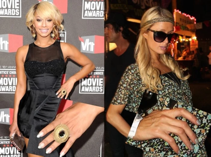 famous women with short stiletto nails, one is dressed in a black dress, and has pale nails, the other wears a floral outfit, and has silver nails, paris hilton
