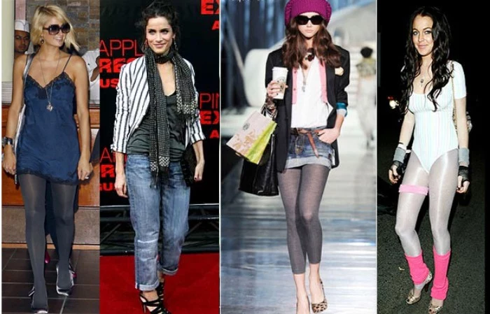 famous women wearing outfits, inspired by the 80s, working out spandex clothes, baggy jeans and oversized blazers, mini dres with opaque tights