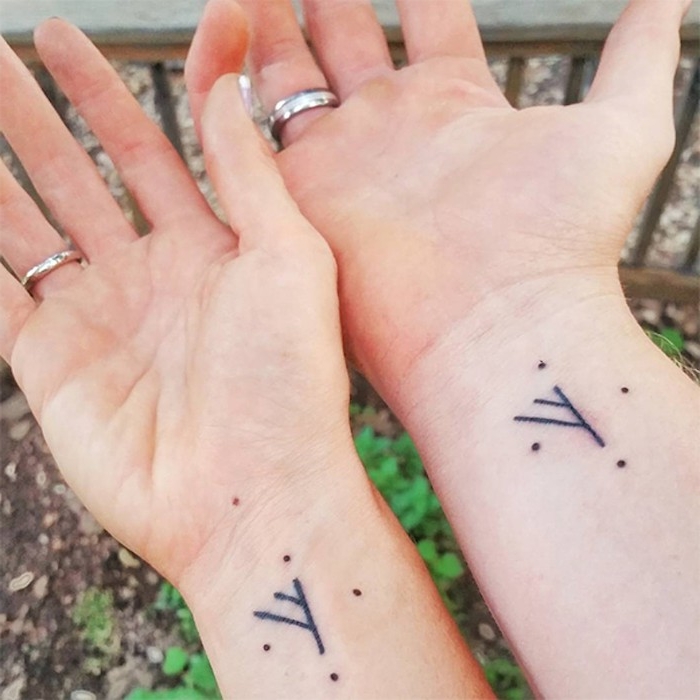 nordic or celtic runes, surrounded by four dots, tattooed near the wrists of two hands, matching couple tattoos, with identical design