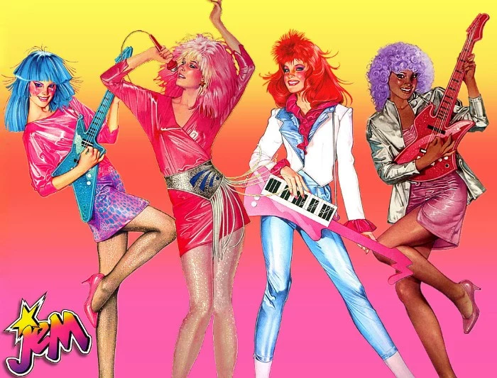 illustration of four characters, from the 80s cartoon jem and the hollograms, 80s fashion trends, shiny clothes and mini skirts, in popping colors