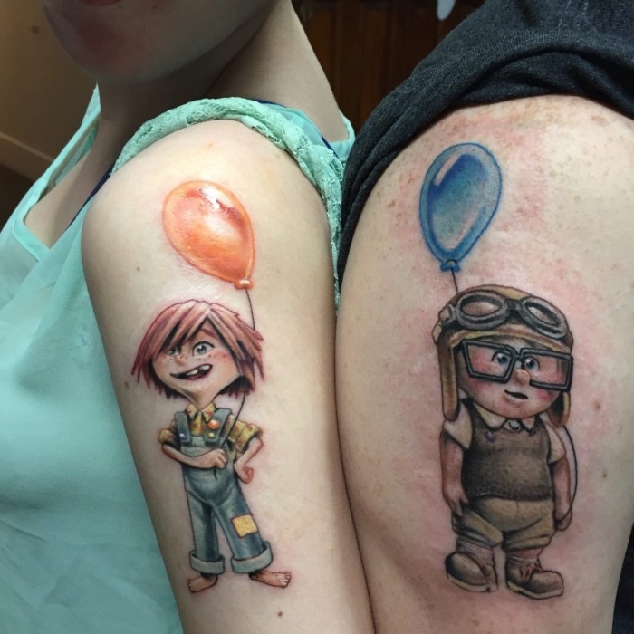 ellie and carl from the film up, holding balloons, tattooed in full color, on the shoulders of a couple, standing next to each other, matching tattoos for couples in love, who like pixar 