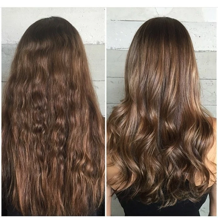 back view of long, wavy brunette hair, next image shows the same hair, but curled and featuring subtle, brown highlights, balayage brown hair