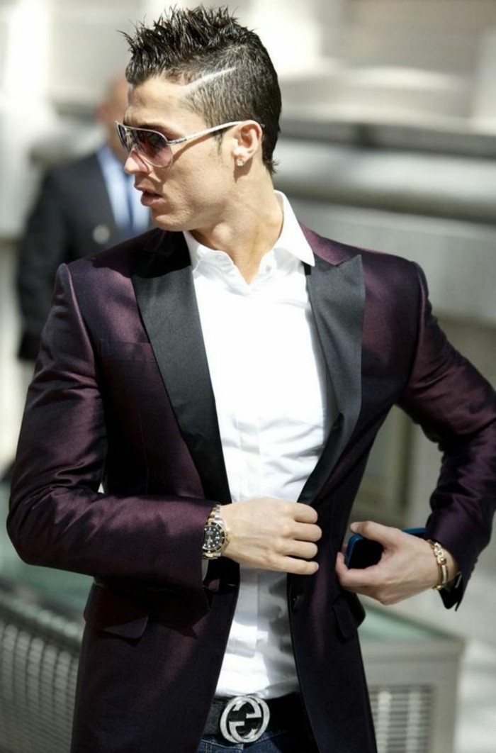spiked hairstyle with a disconnected fade, worn by christiano ronaldo, modern haircuts for men, dressed in a shiny tuxedo jacket, and a white shirt