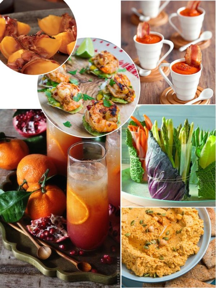 six images of different appetizers, tomato soup shots with bacon, hummus and fresh vegetables, grilled prawns and others