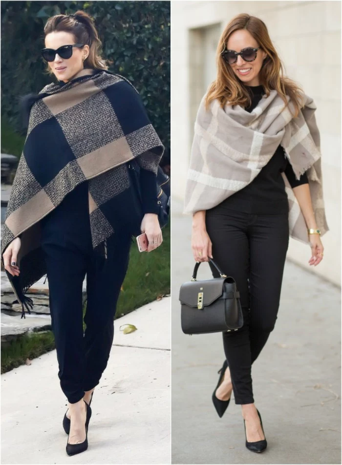 side by side images, of two women dressed in black, one wearing a beige and black checkered scarf, the other a pale grey shawl, with white stripes, how to fold a blanket scarf, over your shoulders 