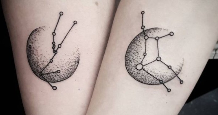 taurus and virgo constillations, tattooed with black ink, in a pointilist style, and seen in close up