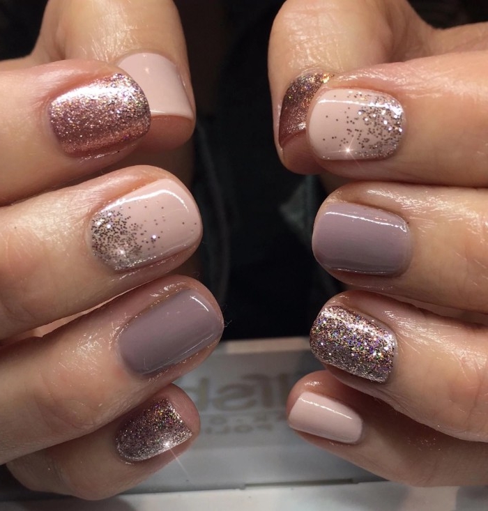 best nude nail polish, pale pink and light, milky pastel purple manicure, decorated with rose gold glitter, short square nails