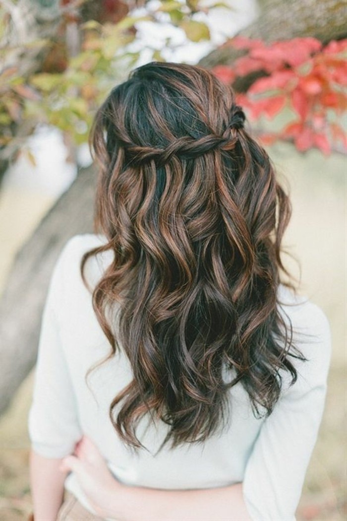 chocolate highlights on long, wavy dark brunette balayage hair, with a crown braid, worn by a woman, in a white sweater