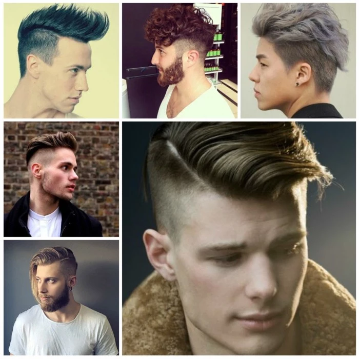 five examples of trendy haircuts for men, undercuts and quiffs, pompadours and faux hawks