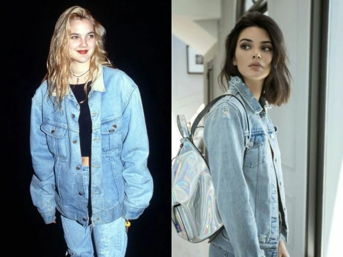 80s outfits, oversized denim jacket, worn over a black t-shirt, and baggy jeans, by drew barrymore, next image shows kylie jenner, in similar attire