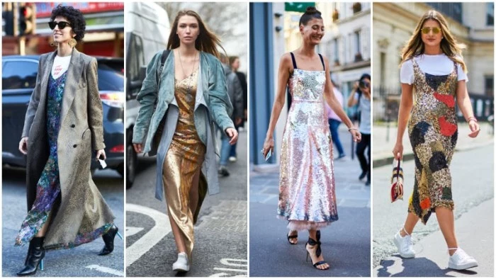 shimmering metallic sequin, midi and maxi dresses, inspired by the 80s, worn by four contemporary women