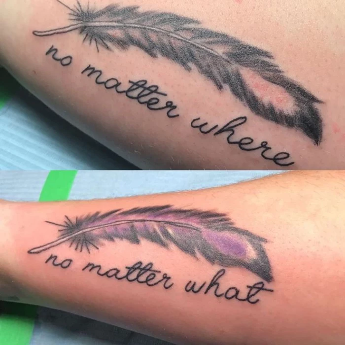 no matter where, and no matter when, written under two feathers, matching friend tattoos