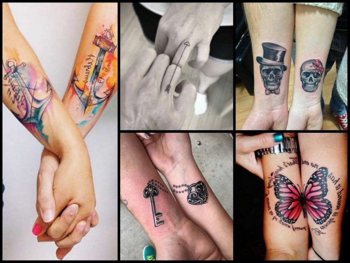 collage with five, his and hers tattoos, featuring anchors and skulls, arrows and a butterfly, a key and a lock