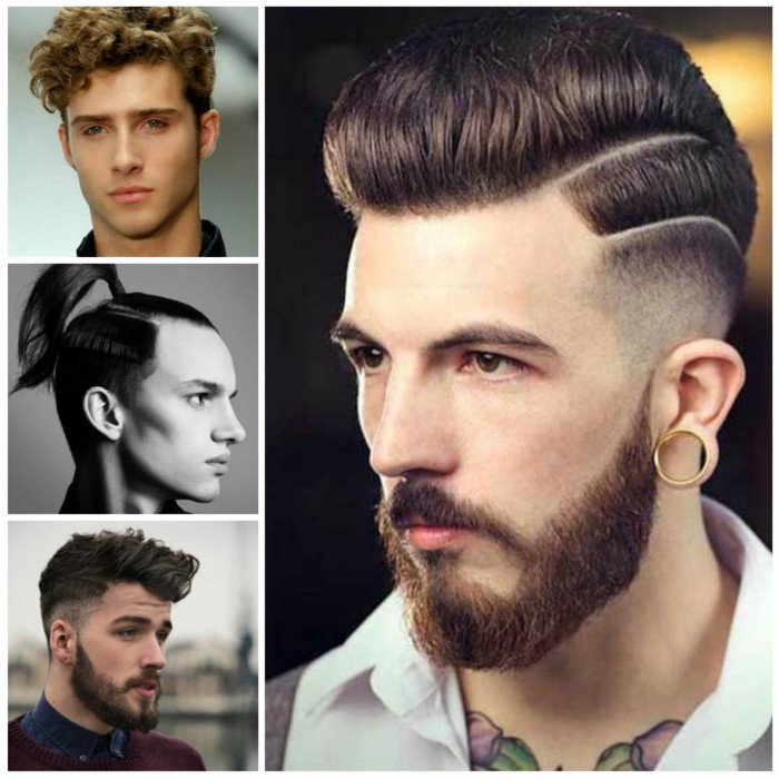 collage of four images of young men, with short and medium long hair, styled in different ways, hair style man, curly high top, ponytail and pompadour