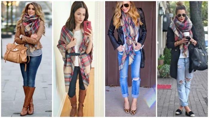 collage with four images, showing young women, wearing jeans and light tops, with large scarves, featuring a smiliar pattern, how to fold a blanket scarf, in a stylish way