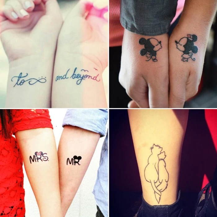 disney inspired his and hers tattoos, kissing mickey and minnie, the aristocats hugging, mr. and mrs. decorated with mickey and minnie ears, and a quote from toy story