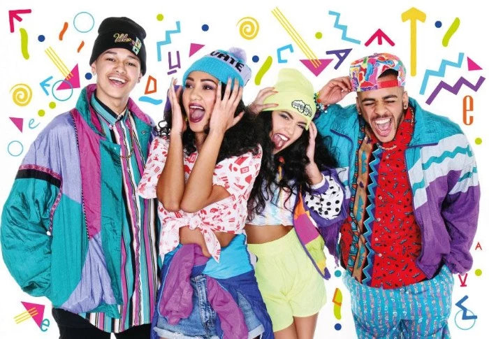 group of friends, dressed in colorful 80s clothes, teal and purple jackets, multicolored printed shirts and tops, shorts and beanie hats