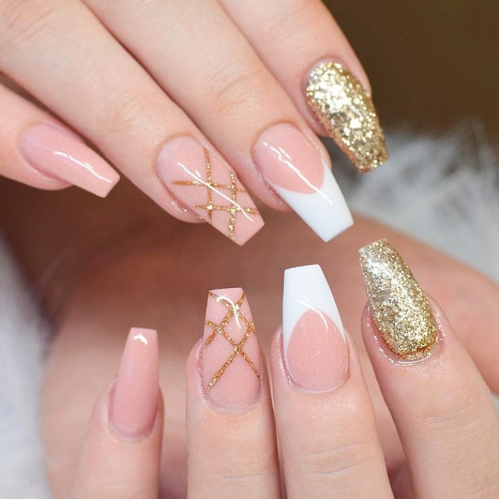 ballerina nails with french tips, gold glitter and nude, pink glossy nail polish, nude gel nails