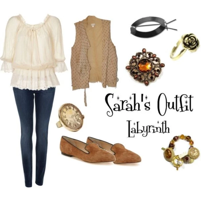 sarah's character outfit, from the film labyrinth, 80s costume ideas, frilly pale cream blouse, dark blue skinny jeans, beige vest and brown suede shoes