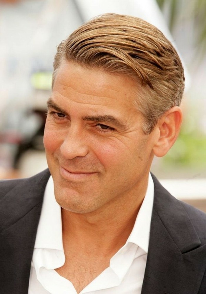 classic combover hairstyle, worn by george clooney, short haircuts for men, chestnut brown and grey