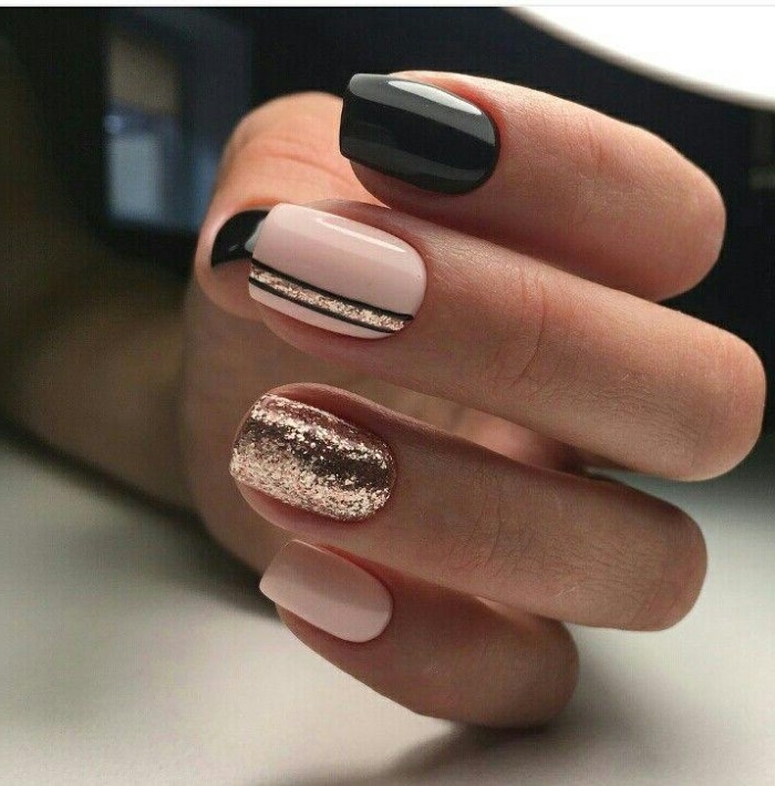 rose gold glitter, and black details, on a square manicure, in pale pastel pink, best nude nail polish, hand with folded fingers