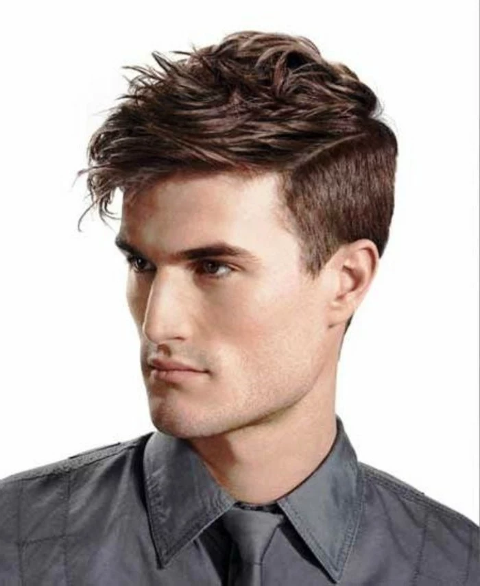 chocolate brown faux hawk, hair style man, on a guy wearing a grey shirt, with a matching grey tie