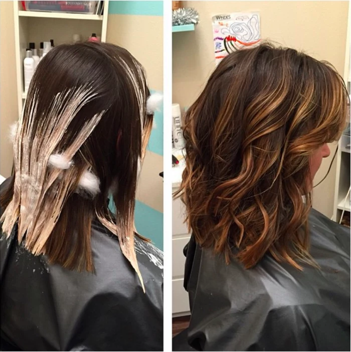 the process of creating balayage hair, wet shoulder length hair, half-covered in hair dye, next image shows the final resutl