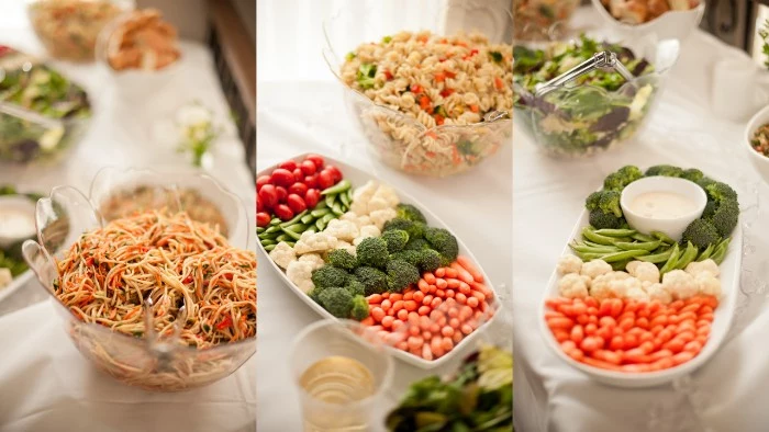 vegetarian hor d oeuvres ideas, noodle salad with carrots, a selection of fresh vegetables with dip, and others