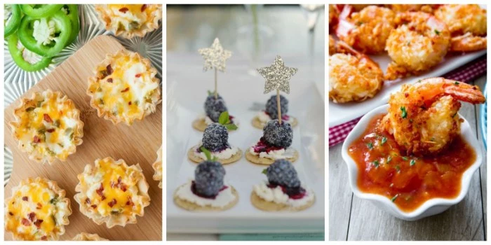 christmas horderves ideas, savory veggie tartlets, blueberry cheesecake on a cracker, sweet thai chili prawns