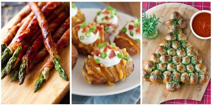 hot hor d oeuvres ideas, asparagus wrapped in bacon, baked potato with dressing, pull-apart bread with dip