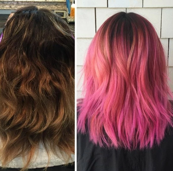 two side by side images, one showing messy, wavy brunette hair, the other smooth hair in two shades of pink, with dark roots, balayage brown hair, before and after