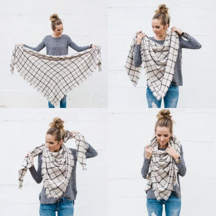 slim blonde woman, wearing distressed blue jeans, and a grey top, demonstrating how to wear a square scarf, in four images