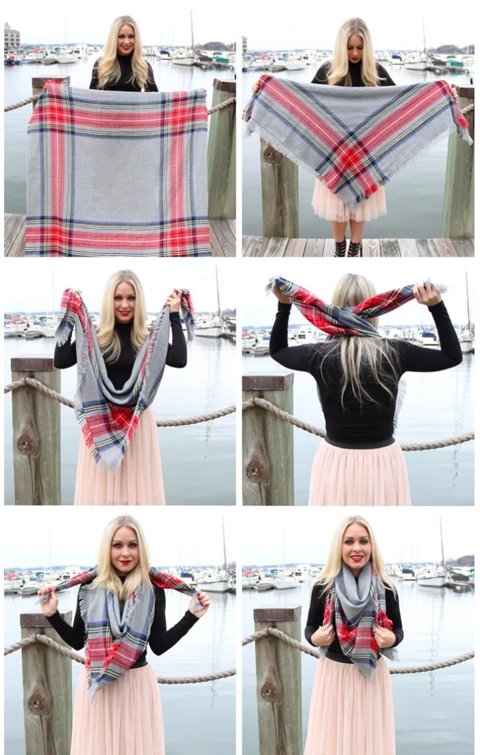 six step explanation with photos, on how to wear a square scarf, smiling blonde woman, in a powder pink tulle skirt, holding and folding a grey shawl, with red and blue stripes