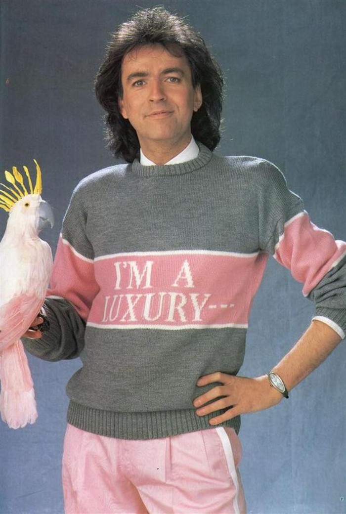 80s outfits guys, pale grey and pink knitted sweater, with white details, and an inscription reading, i'm a luxury, worn by a man, with dark wavy medium length hair, dressed in pale pink trousers, and holding a white dummy parrot