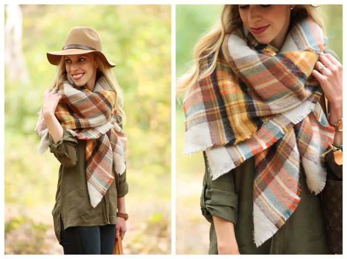 how to wrap a blanket scarf, smiling blonde woman, in a khaki shirt, and dark blue skinny jeans, wearing an oversized scarf, in warm earthy colors