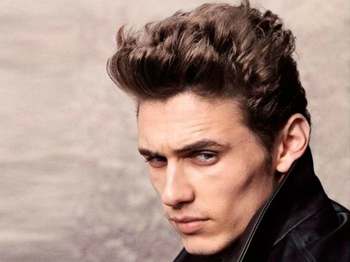textured short styled up hair, worn by james franco, hair style man, in a black leather jacket, with upturned collar