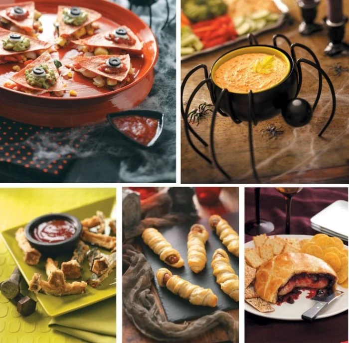 halloween appetizer ideas, crispy pizza snack, pumpkin soup in a spider-like dish, mummy pigs in a blanket, and others