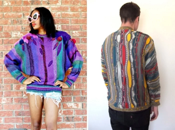 ugly multicolored sweaters, with asymmetrical patterns, striped and pompoms, worn by a young woman, with retro sunglasses, and a man, with his back to the camera, 80s outfits guys and gals