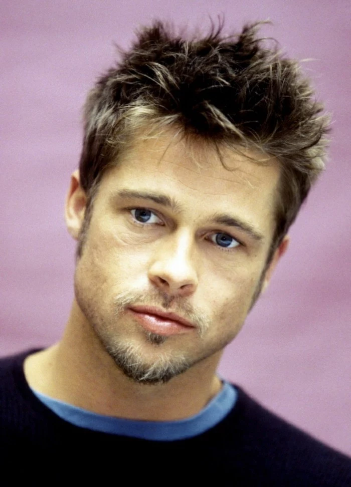 brad pitt with short brunette hair, featuring messy bangs, with platinum highlights, types of haircuts for men, popular in hollywood