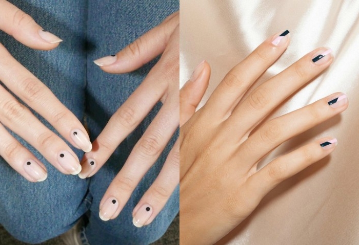 collage of two images, each showing different nude nails, one features black and white stripes, and the other black dots