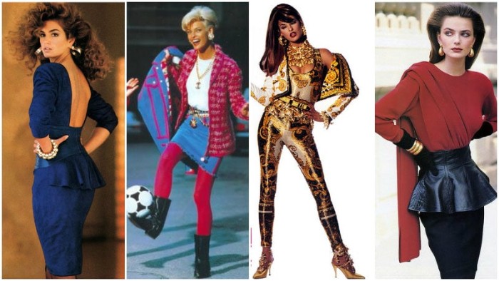top models from the 80s, dressed in vintage outfits, backless blue dress, denim skirt with hot pink leggings, shiny white black and gold outfit, and a peplum leather skirt