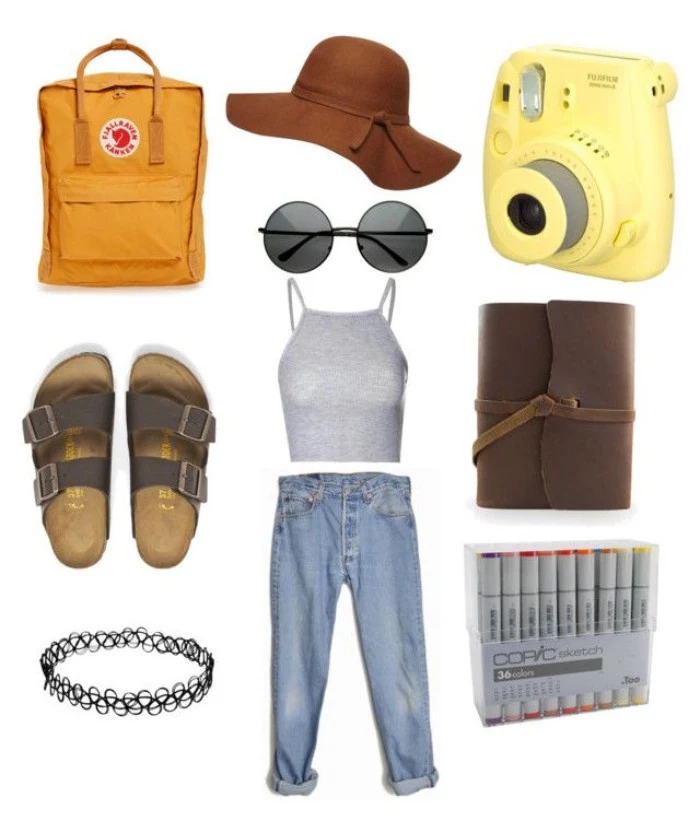 felt hat in brown, cropped pale grey top, baggy blue jeans, round sunglasses and brown sandals, orange backpack and a leather pouch, and other items