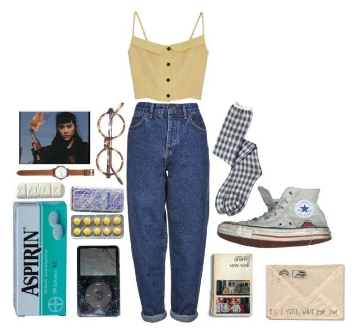baggy high waisted mom jeans, and a pale yellow crop top, with button details, surrounded by various vintage accessories, worn converse sneakers, checkered socks and glasses, ipod and pills, simple 80s outfit