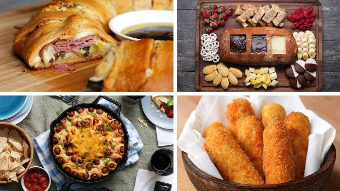 collage with four images, showing hors d oeuvres recipes, pastry stuffed with ham and cheese, pigs in a blanket, mozzarella sticks and a chocolate fountain in a bread loaf