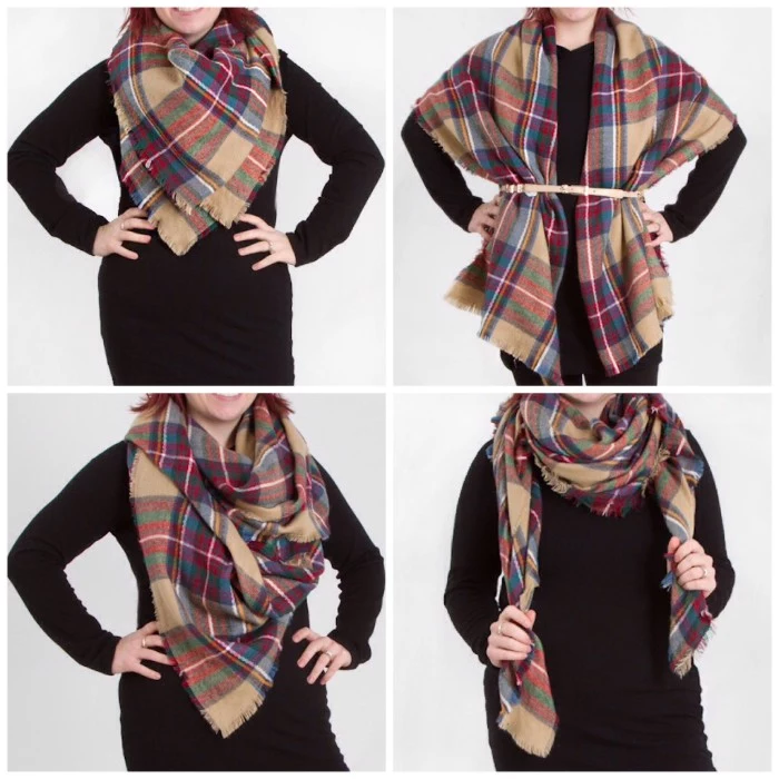 four ways of wrapping a plaid shawl, demonstrated by a woman, dressed in black, how to wear a blanket scarf properly