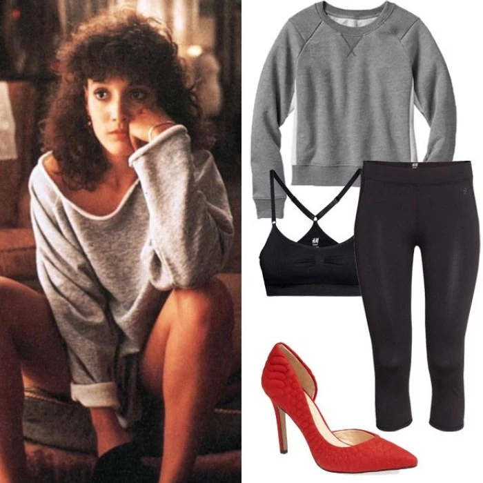 flashdance inspired halloween outfit, 3/4 black leggings, plain grey sweater, and red leather stilettos